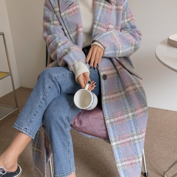 Multicolor Casual Plaid Women's Lapel Neck Single Button Overcoat Jacket - Picture 4 of 8